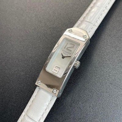 HERMES KELLY 2 KT1.230 QUARTZ WHITE SHELL 4P DIAMOND SILVER STEEL WATCH USED