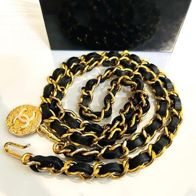 CHANEL BELT AUTH GOLD PLATE MEDAL BLACK LEATHER KENKENJP COIN 98CM CHAIN COCO CC