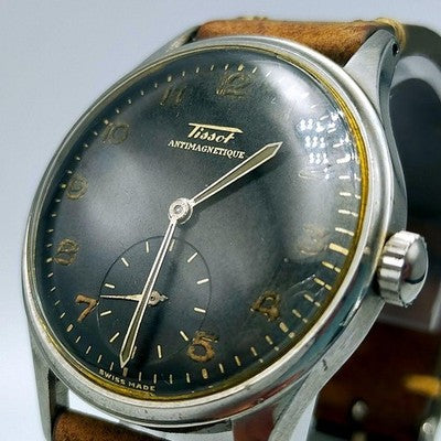 TISSOT ANTIMAGNETIQUE HAND-WINDING WATCH BLACK DIAL SMALL SECONDS RARE 1940S