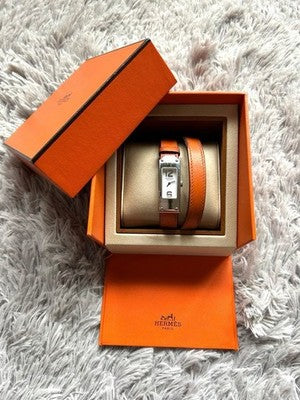 HERMES KELLY II DOUBLE TOUR KT1.210 ORANGE LEATHER WOMEN'S WATCH SILVER HARDWARE