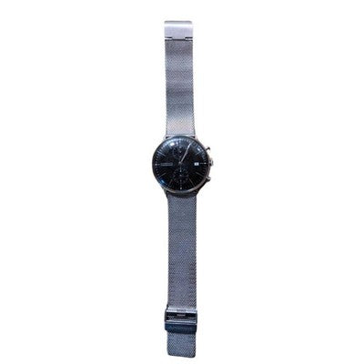 JUNGHANS MAX BILL CHRONOSCOPE ROUND FACE GERMAN MADE MESH BRACELET BLACK DIAL