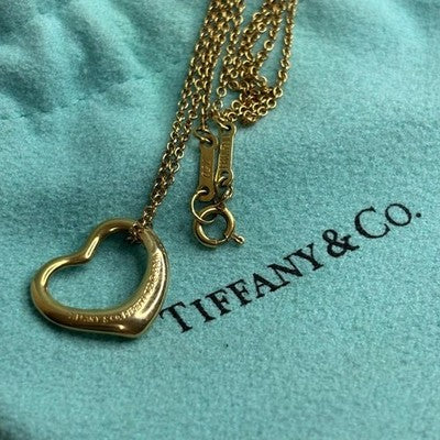 TIFFANY & CO. 18K 750 OPEN HEART NECKLACE PENDANT 15MM YELLOW GOLD RARE