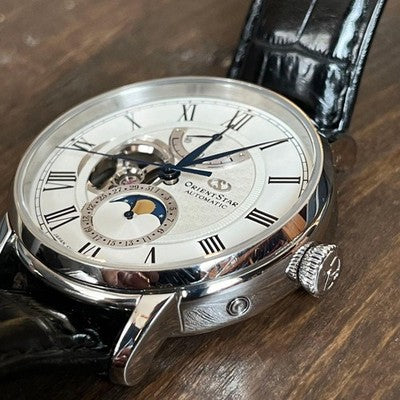 ORIENT STAR MECHANICAL MOON PHASE RK-AM0001S AUTOMATIC STAINLESS LEATHER WATCH